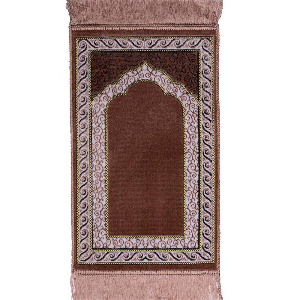 Child Velvet Islamic Prayer Rug - Pink with Geometric Border