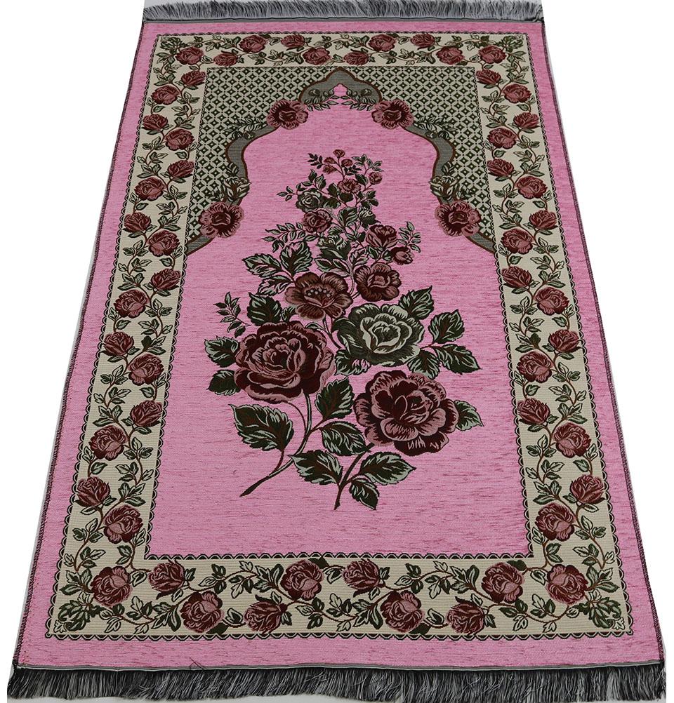 Modefa Prayer Rug Pink Chenille Embroidered Floral Rose Islamic Prayer Mat - Pink #2