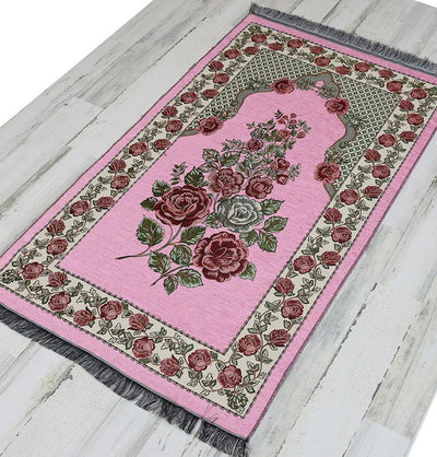 Modefa Prayer Rug Pink Chenille Embroidered Floral Rose Islamic Prayer Mat - Pink #2
