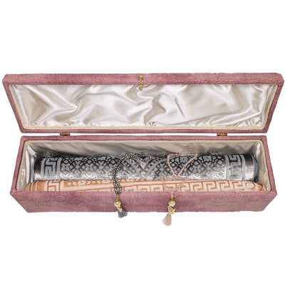 Modefa Prayer Rug Pink Long Keepsake Velvet Gift Case | 5 Piece Set | Luxury Prayer Rugs & Crystal Cut Tesbih - Pink