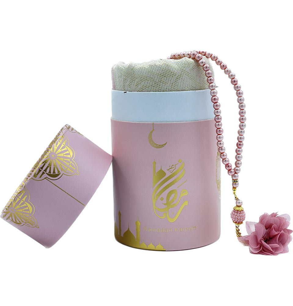 Modefa Prayer Rug Pink Ramadan Kareem Cylinder Gift Box Set with Prayer Mat & Prayer Beads - Pink
