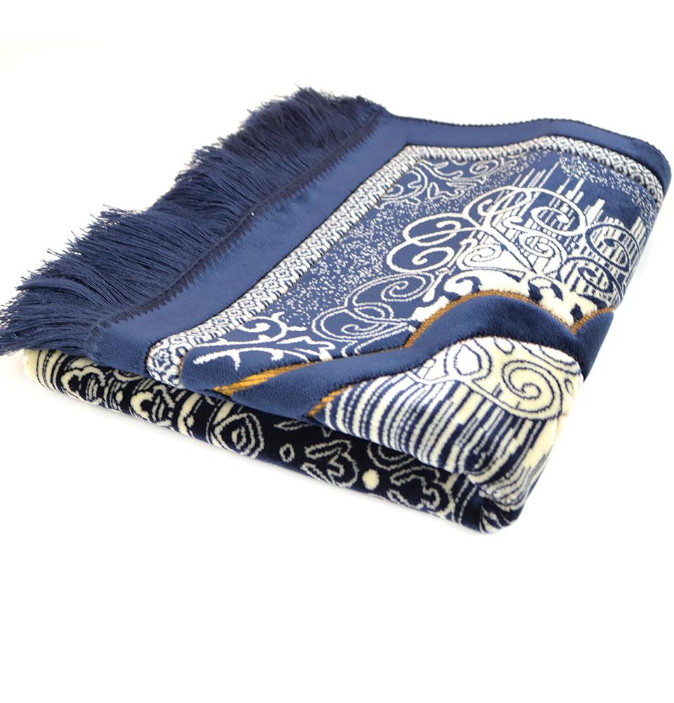 Plush Velvet Islamic Prayer Rug Classic Elegant Swirl - Navy Blue