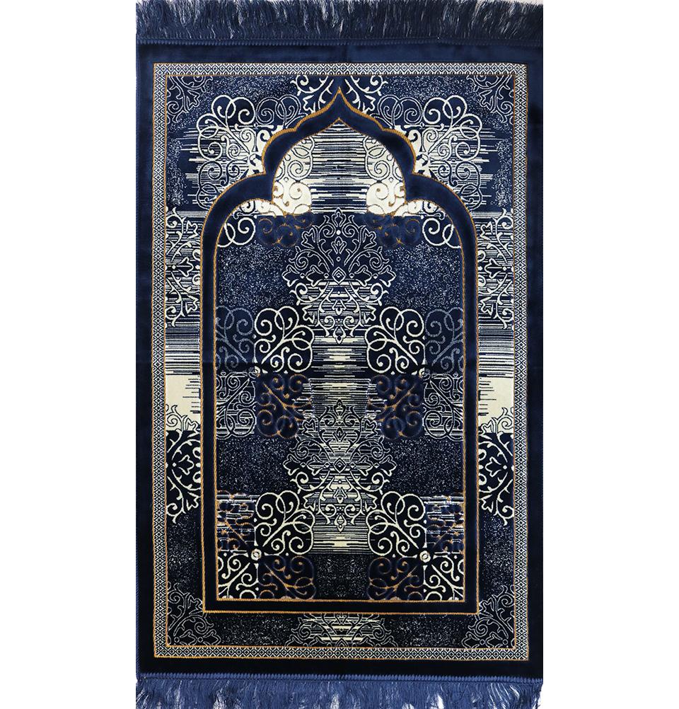 Modefa Prayer Rug Plush Velvet Islamic Prayer Rug Classic Elegant Swirl - Navy Blue
