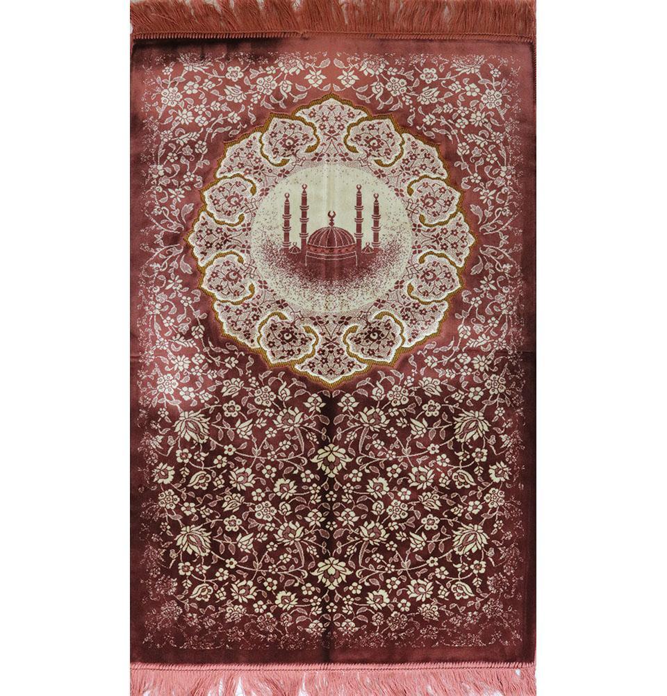 Plush Velvet Islamic Prayer Rug - Floral Mosque Pink