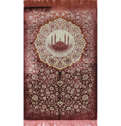 Plush Velvet Islamic Prayer Rug - Floral Mosque Pink