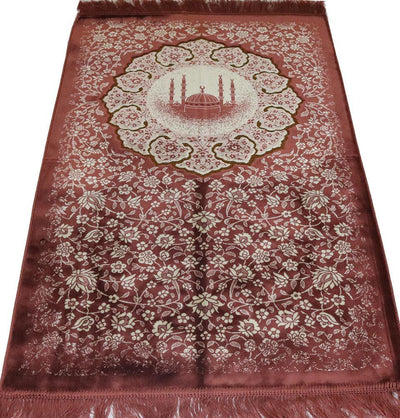 Plush Velvet Islamic Prayer Rug - Floral Mosque Pink