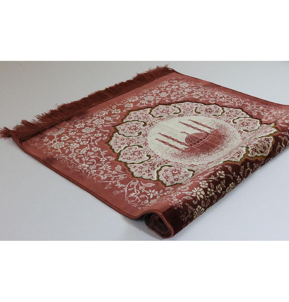 Plush Velvet Islamic Prayer Rug - Floral Mosque Pink