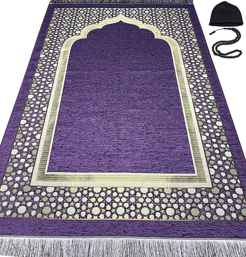 Modefa Prayer Rug Purple Chenille Embroidered Selcuk Star Islamic Prayer Mat - Purple