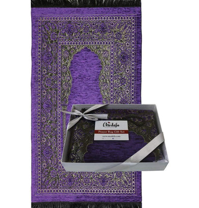 Modefa Prayer Rug Purple Embroidered Islamic Prayer Mat Gift Box Set with Prayer Beads - Purple
