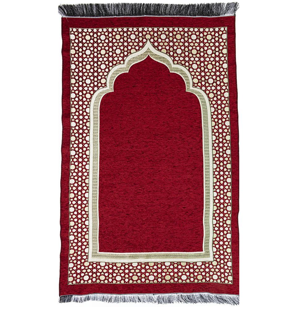 Modefa Prayer Rug Red Chenille Embroidered Selcuk Star Islamic Prayer Mat - Red