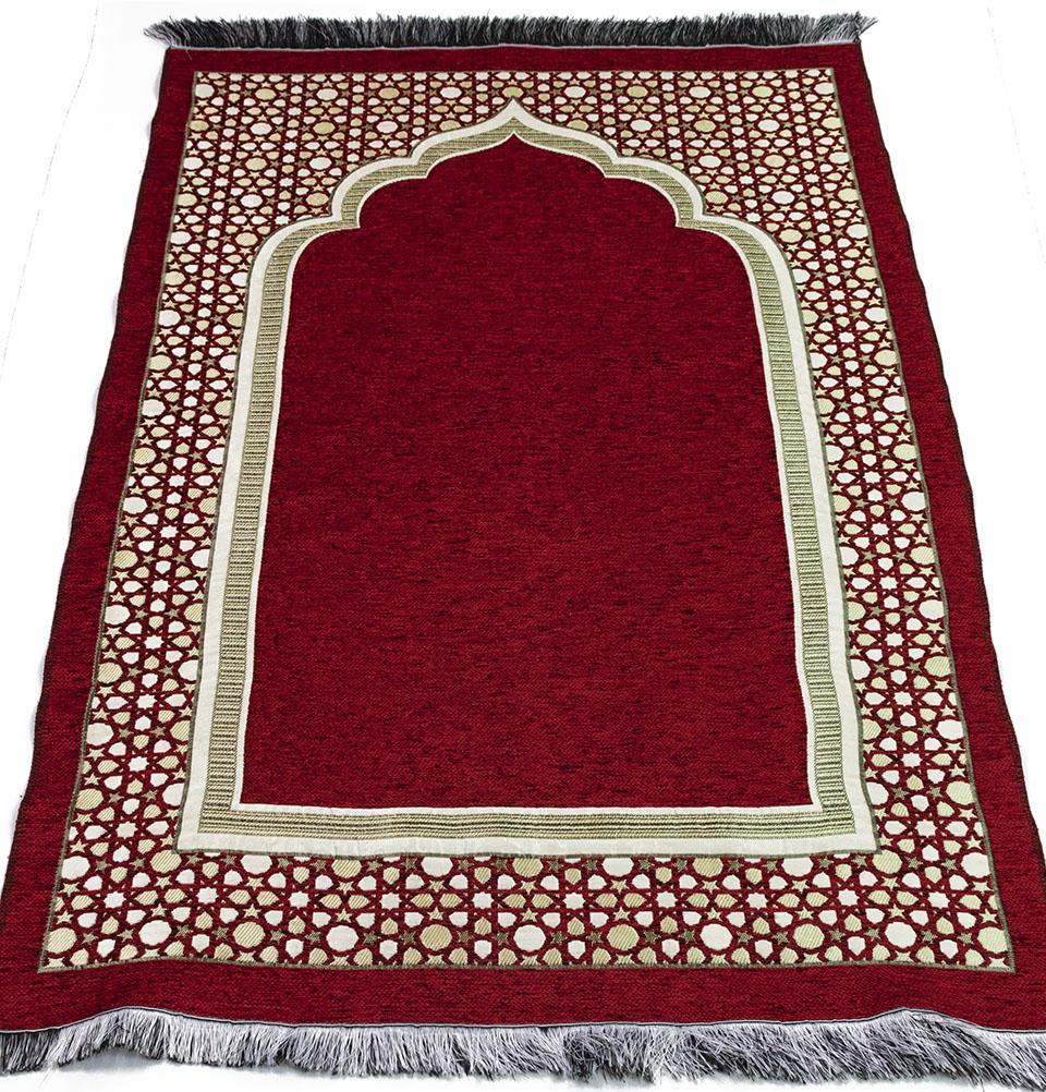 Modefa Prayer Rug Red Chenille Embroidered Selcuk Star Islamic Prayer Mat - Red