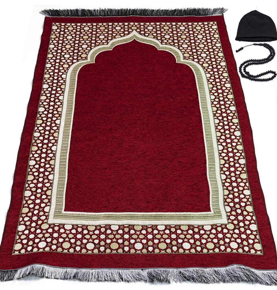 Modefa Prayer Rug Red Chenille Embroidered Selcuk Star Islamic Prayer Mat - Red