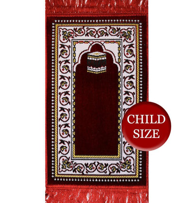 Child Velvet Islamic Prayer Rug - Red with Kaba
