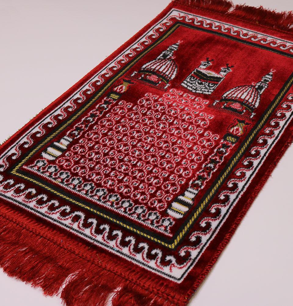 Child Velvet Islamic Prayer Rug - Red with Kaba & Mosque