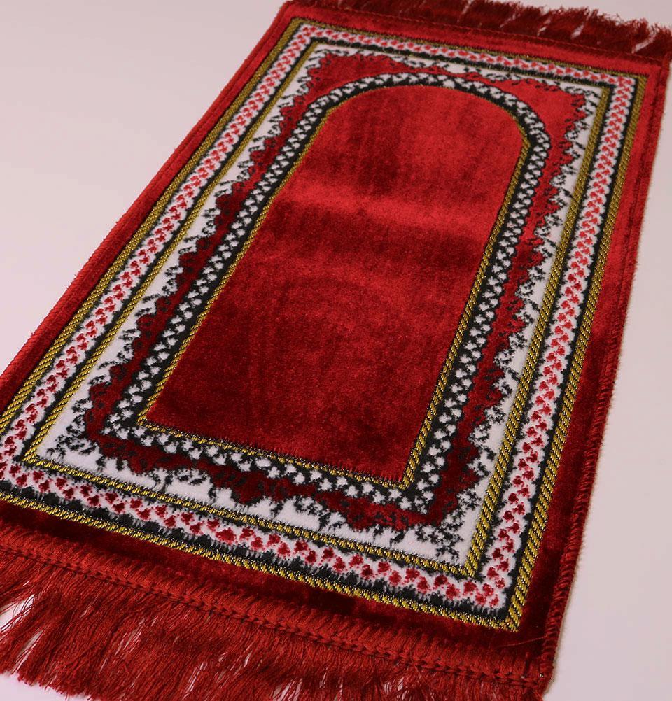 Child Velvet Islamic Prayer Rug - Red with Vine Border