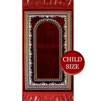 Child Velvet Islamic Prayer Rug - Red with Vine Border