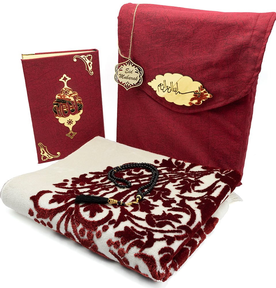 Modefa Prayer Rug Red Eid Gift Set | 5 Piece Set with Prayer Rug & Quran - Red