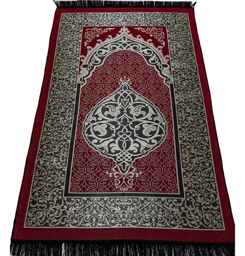 Modefa Prayer Rug Red + Gray Chenille Ottoman Islamic Prayer Mat COMBO Set of 2 (Red + Gray)