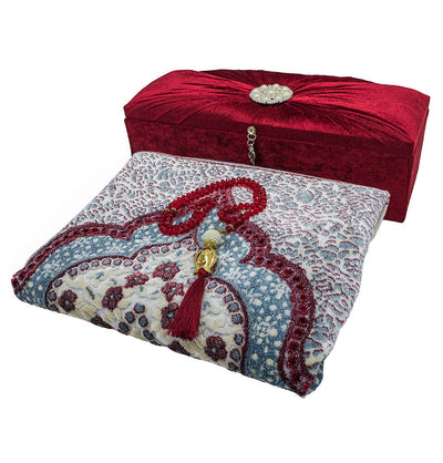 Modefa Prayer Rug Red Keepsake Velvet Gift Set with| Luxury Winter Rose Prayer Rug & Tesbih - Red