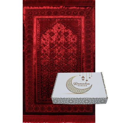 Modefa Prayer Rug Red Luxury Velvet Islamic Prayer Rug Gift Box Set with Prayer Beads - Red