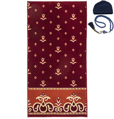 Modefa Prayer Rug Red/Orange Luxury Islamic Prayer Carpet | Rolled Velvet Kilim Rug | Turkish Tulips - Red & Orange