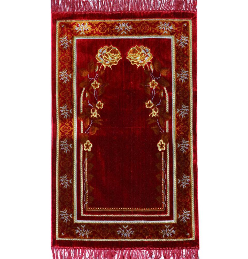 Velvet Dancing Rose Vine Islamic Prayer Rug - Red/Orange