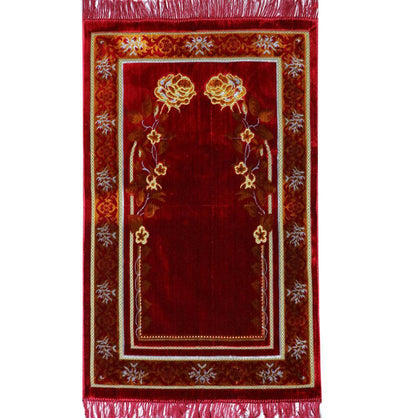 Velvet Dancing Rose Vine Islamic Prayer Rug - Red/Orange