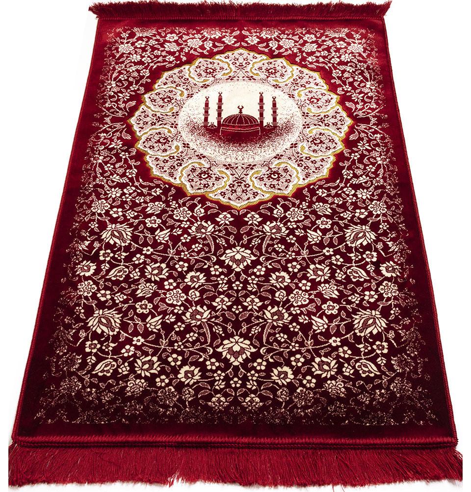 Modefa Prayer Rug Red Plush Velvet Islamic Prayer Rug - Floral Mosque Red