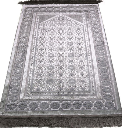 Modefa Prayer Rug Silver Grey Luxury Velvet Islamic Prayer Rug Floral Stamp Silver Grey