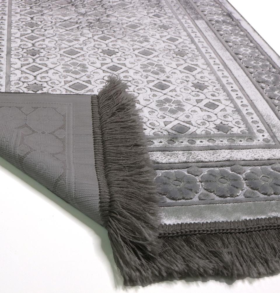 Modefa Prayer Rug Silver Grey Luxury Velvet Islamic Prayer Rug Floral Stamp Silver Grey