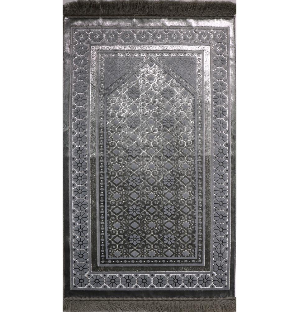 Modefa Prayer Rug Silver Grey Luxury Velvet Islamic Prayer Rug Floral Stamp Silver Grey