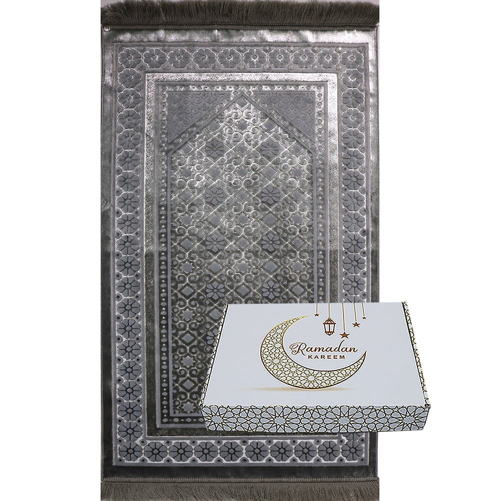 Modefa Prayer Rug Silver Grey Luxury Velvet Islamic Prayer Rug Gift Box Set with Prayer Beads - Silver Grey