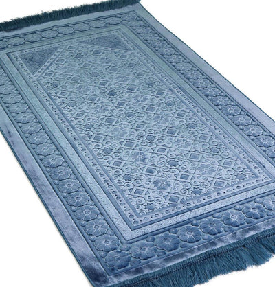 Modefa Prayer Rug Steel Blue Luxury Velvet Islamic Prayer Rug Floral Stamp - Steel Blue