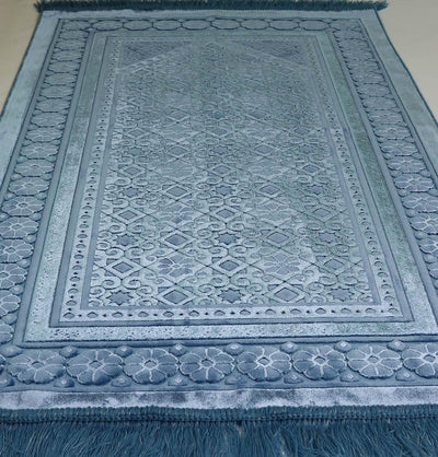 Modefa Prayer Rug Steel Blue Luxury Velvet Islamic Prayer Rug Floral Stamp - Steel Blue