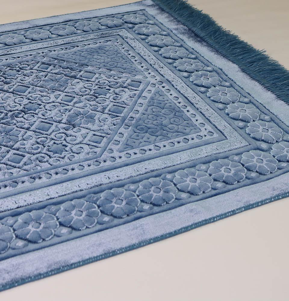 Modefa Prayer Rug Steel Blue Luxury Velvet Islamic Prayer Rug Floral Stamp - Steel Blue