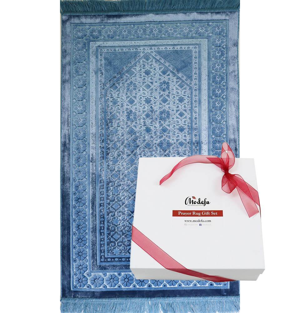 Luxury Velvet Islamic Prayer Rug Gift Box Set with Prayer Beads - Steel Blue