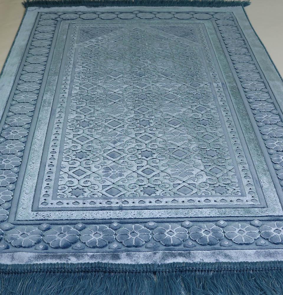 Luxury Velvet Islamic Prayer Rug Gift Box Set with Prayer Beads - Steel Blue