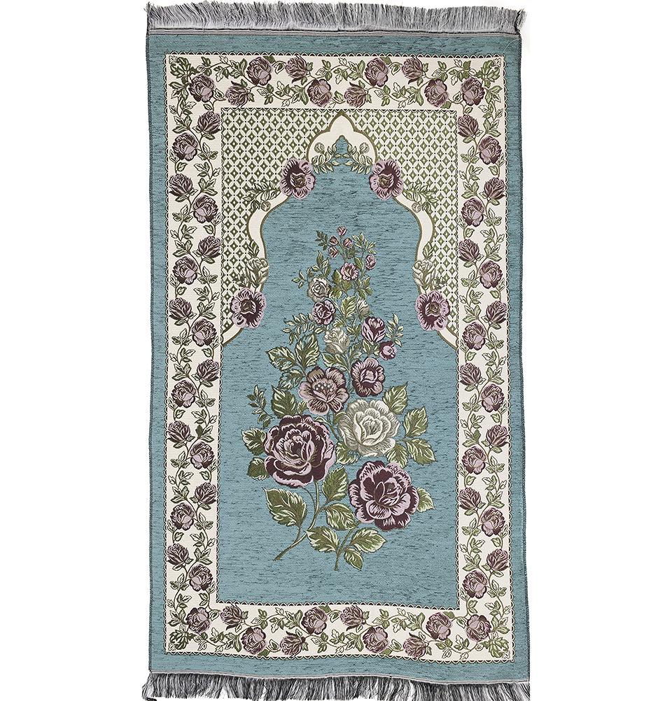 Modefa Prayer Rug Teal #2 Chenille Embroidered Floral Rose Islamic Prayer Mat - Teal #2