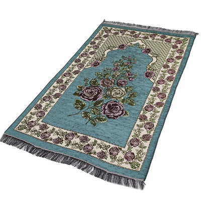 Modefa Prayer Rug Teal #2 Chenille Embroidered Floral Rose Islamic Prayer Mat - Teal #2