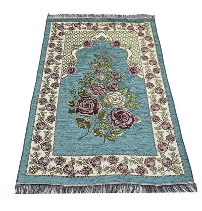 Modefa Prayer Rug Teal #2 Chenille Embroidered Floral Rose Islamic Prayer Mat - Teal #2