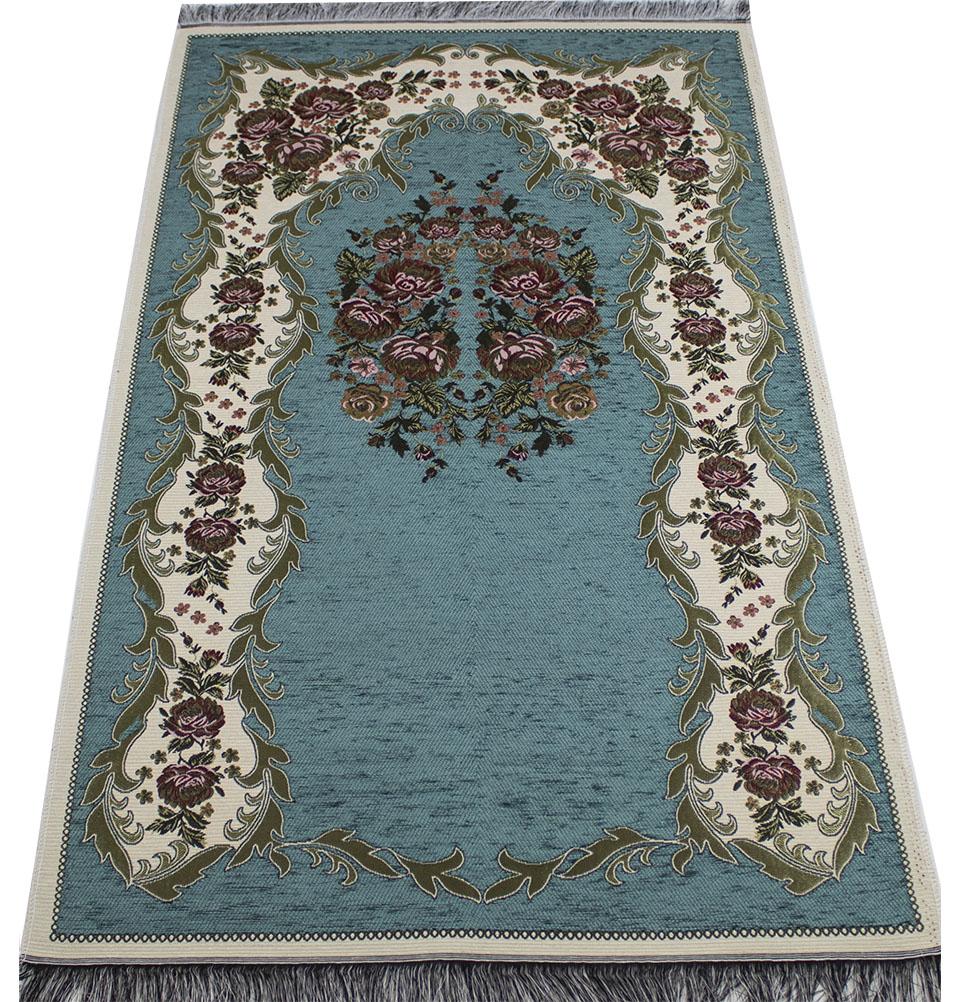 Modefa Prayer Rug Teal Chenille Embroidered Floral Rose Islamic Prayer Mat - Teal