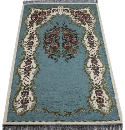 Modefa Prayer Rug Teal Chenille Embroidered Floral Rose Islamic Prayer Mat - Teal