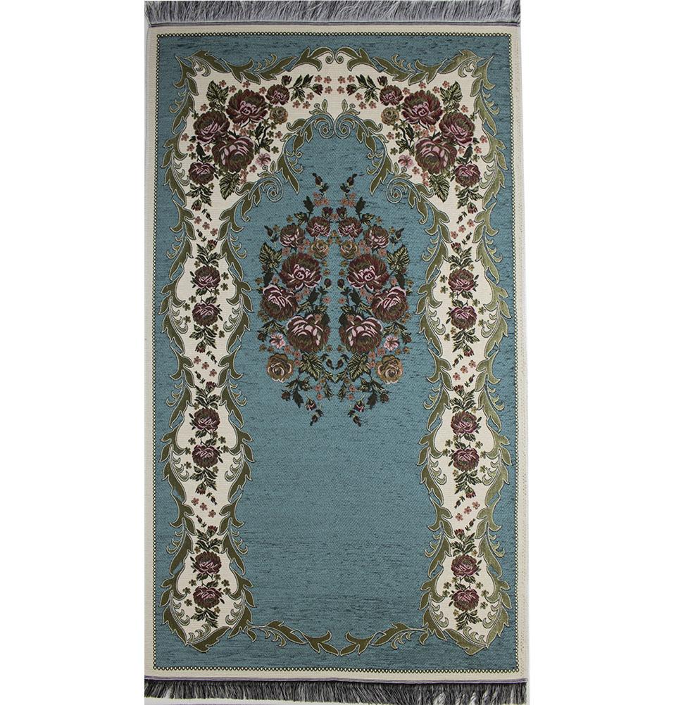 Modefa Prayer Rug Teal Chenille Embroidered Floral Rose Islamic Prayer Mat - Teal