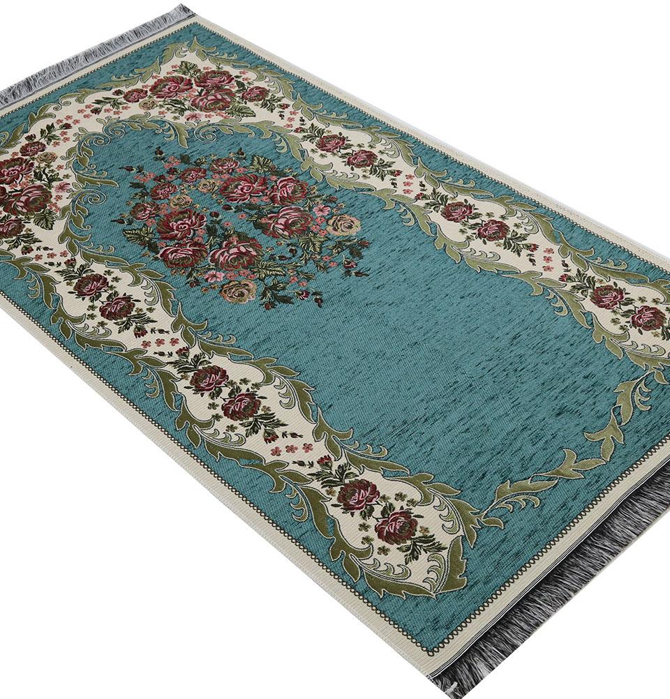 Modefa Prayer Rug Teal Chenille Embroidered Floral Rose Islamic Prayer Mat - Teal