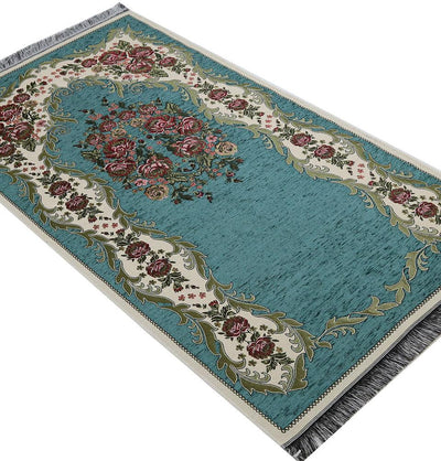Modefa Prayer Rug Teal Chenille Embroidered Floral Rose Islamic Prayer Mat - Teal