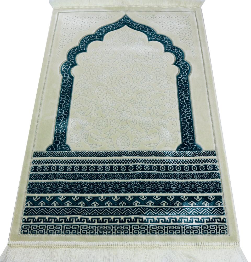 Plush Velvet Islamic Prayer Rug Royal Mihrab - Teal