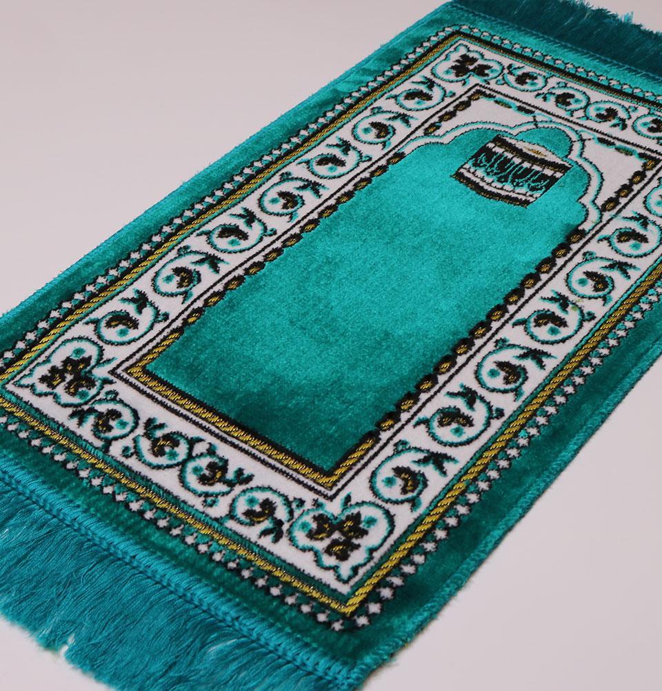 Child Velvet Islamic Prayer Rug - Turquoise with Kaba