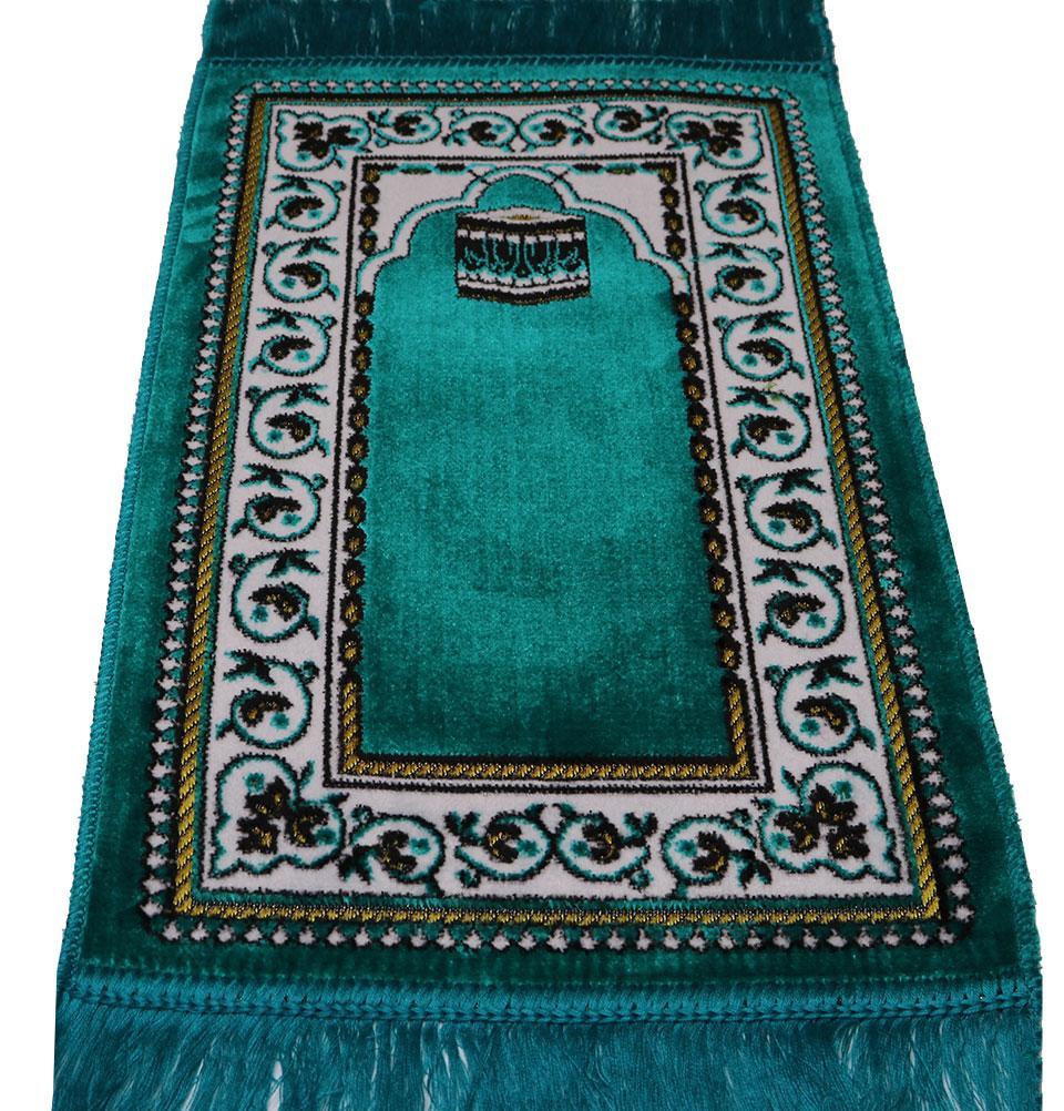 Child Velvet Islamic Prayer Rug - Turquoise with Kaba