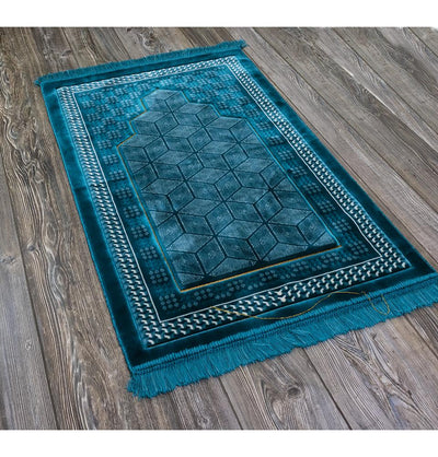 Modefa Prayer Rug Turquoise Lux Plush Velvet Islamic Prayer Rug - Geometric Mihrab Turquoise