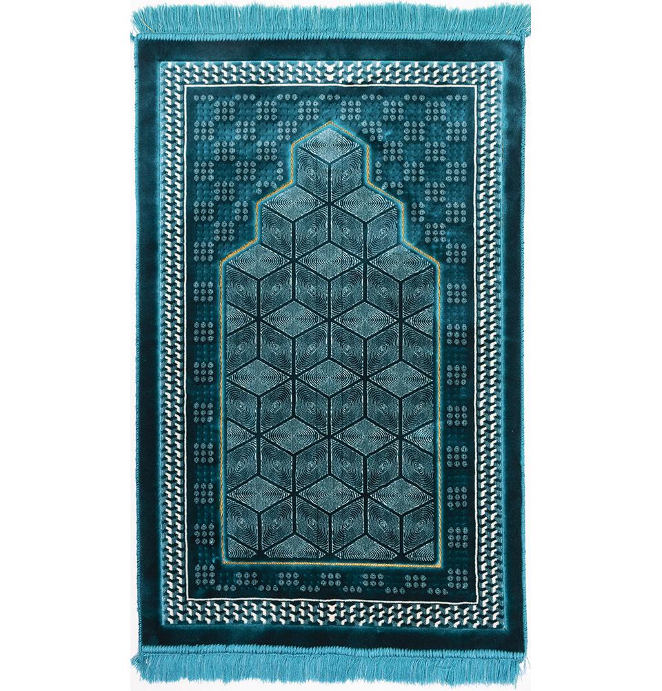 Lux Plush Velvet Islamic Prayer Rug - Geometric Mihrab Turquoise
